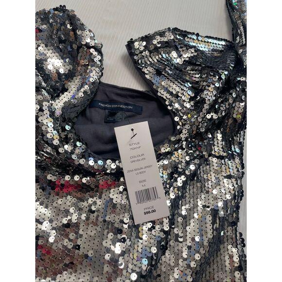 NWT French Connection Grey Silver Zena Sequin Long Sleeve Bodysuit Size Medium - Picture 4 of 7